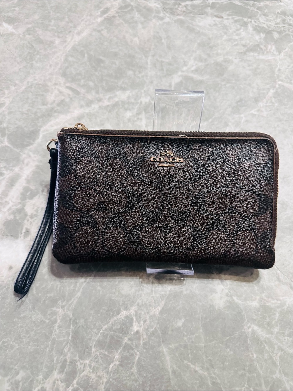 Coach Double Zip Wallet Wristlet C7313 Signature Brown